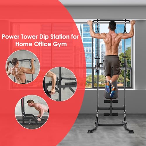 Arlopu Multi-Function Power Tower with Folding Bench 4 Training Ropes | Pull Up Bar Stand with Adjustable Heights and Angles, Heavy-duty Frame, 400LBS Capacity, Home Gym Full-body Strength Training