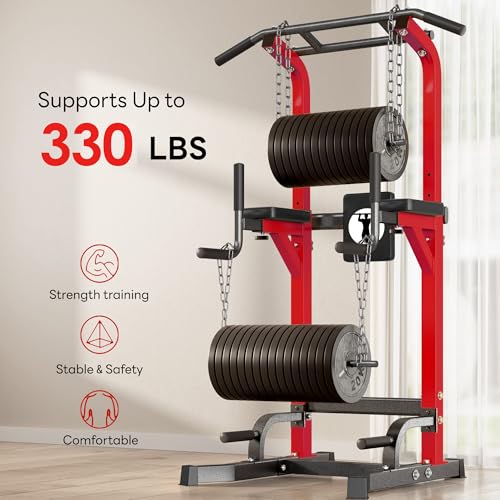 SogesPower Multi-Function Power Tower Pull Up Bar Station for Home Gym | 10-Level Adjustable Height Pull Up Bar Stand Dip Station Strength Training Workout Equipment - color: Red