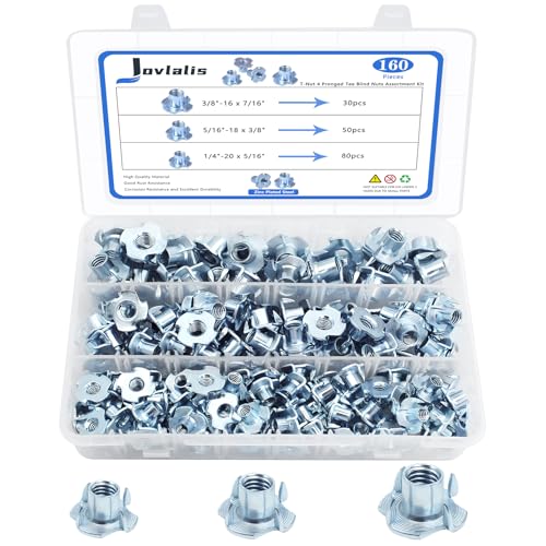 T Nuts 1/4"-20, 5/16"-18, 3/8"-16, Jovlalis 160 pcs Zinc Plated Steel T-Nut 4 Pronged Tee Blind Nuts Assortment Kit for Wood, Rock Climbing Holds, Cabinetry, Furniture