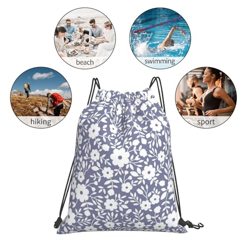 Compact Cinch Carry Sack Navy White Floral Pattern Washable Sackpack for Climbing - color: 1
