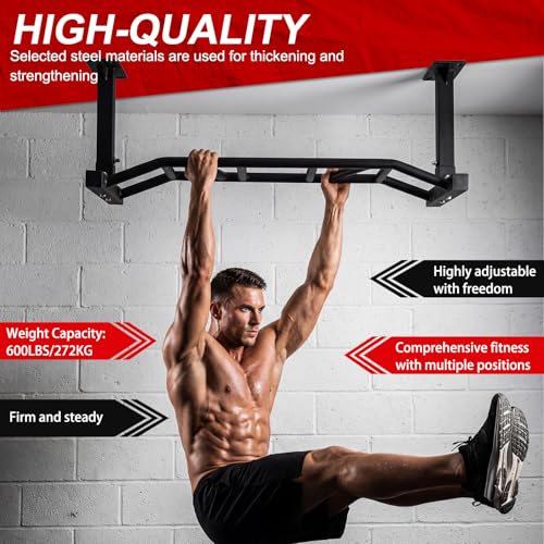 47 Inch Ceiling Mounted Pull Up Bar Adjustable Height&Supports to 600 Lbs Heavy Duty Multi-Grip Chin Up Bar for Home Gym and Strength Training