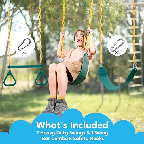 TURFEE 3 Pack Assorted Swing Set, Including 1 Gym Rings Trapeze Bar and 2 Pcs Swings with Plastic Coated Chain, Swingset Accessories Replacement for Kids Outdoor Play, Playground- Green - style: Swing set+1 Gym rings