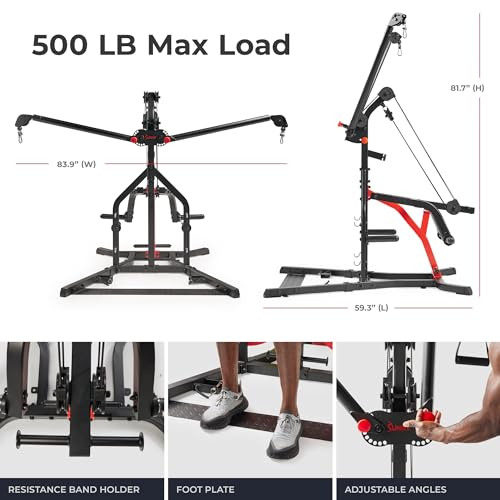 Sunny Health & Fitness All-in-One Pulley Cable Home Gym Strength Trainer | Resistance Band Holder, Foot Plate, Adjustable Angles, Olympic Plate Ready, Bi-Directional Cables, Full Range Motion