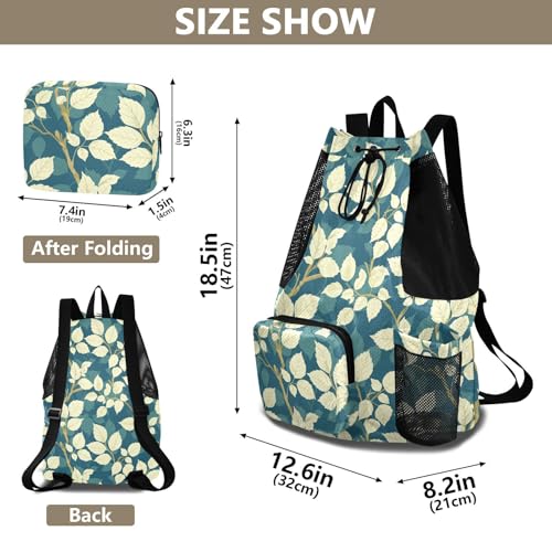 Draw String Back Bag Climbing Gym Bag With Pockets String Back Pack Dry Wet Separation Thyme Leaf Beige Teal