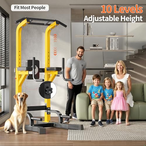 SogesPower Multi-Function Power Tower Pull Up Bar Station for Home Gym | 10-Level Adjustable Height Pull Up Bar Stand Dip Station Strength Training Workout Equipment - color: Yellow