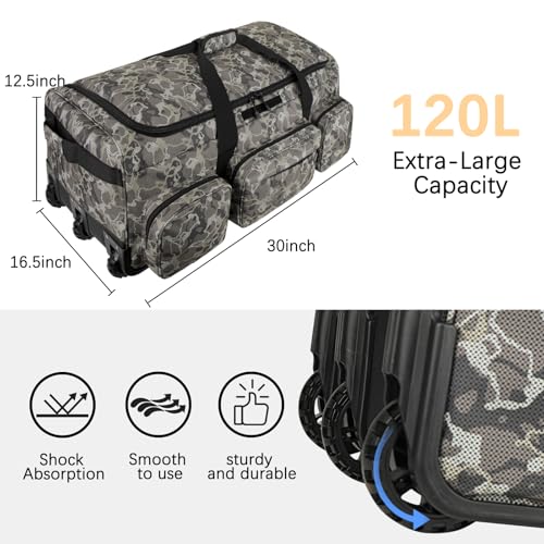 120L 3 Wheel Tactical Rolling Duffle Bag, Heavy Duty Military Deployment Luggage, 900D Waterproof Duffel for Camping Travel Outdoor Sports - color: Camo Brown