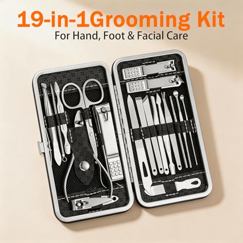 19 Pcs Stainless Steel Manicure Pedicure Kit - Professional Nail Clippers Set with Travel Case, Nail Care Grooming Tools for Men Women Fingernail Toenail Cutters Birthday Fathers Day Gifts - color: Black