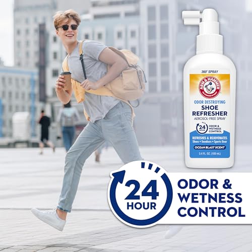 Arm & Hammer Shoe Refresher Spray, Odor Eliminator for Sneakers, 24 Odor & Wetness Control, Aerosol-Free Shoe Deodorizer Spray, Ocean Blast Scent, 3.4 oz, Pack of 2 - size: 3.4 Ounce (Pack of 2)