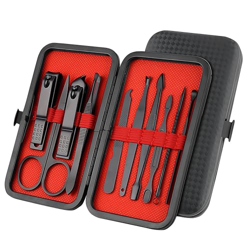 Luxury 10-in-1 Professional Manicure Set - Premium Stainless Steel Nail Clippers & Grooming Kit with Elegant Travel Case for Ultimate Hand, Foot & Facial Care (Black/Red) - color: Black/Red
