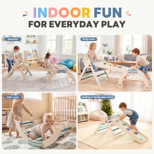 Pikler Triangle Set, 9-in-1 Foldable Montessori Climbing Toys for Toddlers, Wooden Indoor Playground with Climbing Arch, Reversible Ramp, Ladder, Toy Cars and Blocks, Blue - color: Blue