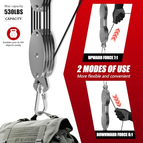 YATOINTO 530LBS Upgraded Rope Hoist Pulley System Block Tackle 60FT(Black) | 7:1 Ratio Lifting Power, Spring Snap Hook w/Screw Nut Connector, Small and Light, Perfect forCamping Hunting Lifting Pulling