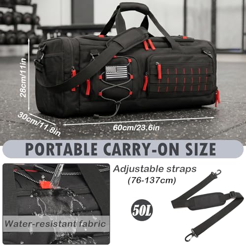 50L Tactical Gym Bag for Men and Women with Shoe & Laptop Compartment | Extra Large Duffle Bag, 3-in-1 Travel Sports Duffel Bags MOLLE Weekender Overnight Bag for Gym, Travel, Black+Red - color: Black+Red