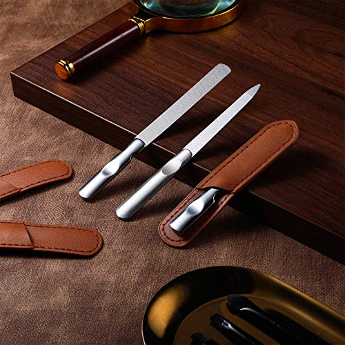 3 Pcs Stainless Steel Nail Files Kit with Leather Case, Double Sided Metal Nail Files with Anti-Slip Handle for Women and Men, Metal File Buffer Manicure Pedicure Tools for Fingernail Toenail(Brown) - color: Brown