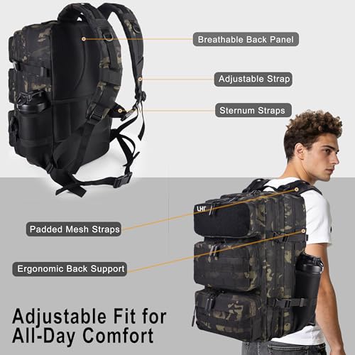 LHI Tactical Military Backpack for Men and Women 25L/35L Army Assault Pack Bag Small Rucksack with Bottle Holder - color: 50l-shoe Compartment(blackcp), size: Large