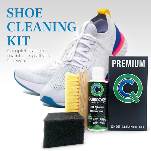 QuickCare Premium Shoe Cleaner with Conditioner, Brush & Sponge, Ultimate Cleaning Shoes Kit for Sneakers, Leather, Suede, Canvas, Mesh, Shoe Care Set, Foam Touch-Up Solution, 4 oz