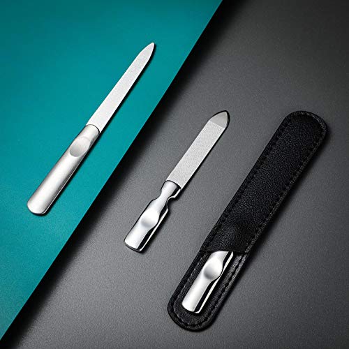 3 Pcs Stainless Steel Nail Files Kit with Leather Case, Double Sided Metal Nail Files with Anti-Slip Handle for Women and Men, Metal File Buffer Manicure Pedicure Tools for Fingernail Toenail(Black) - color: Black