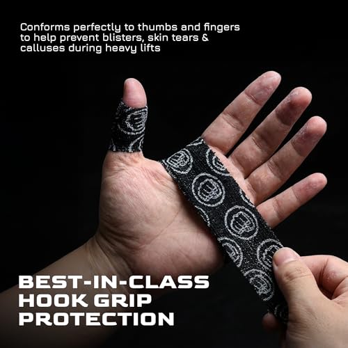 WOD Nation Weightlifting Hook Grip Tape 23ft Roll - 6 Pack 100% Elastic Sweat & Chalk Proof Thumb Tape for Crossfit, Gym, Weightlifting, Pull Ups, Gymnastics, Rowing, Multi-Sport Grip Protection-Black