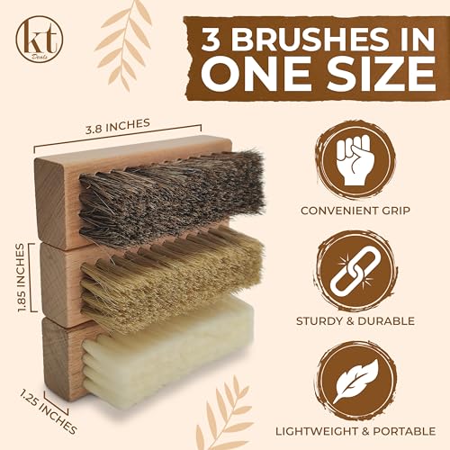 Small Shoe Cleaning Brush Set of 3 Brushes with Nylon, Boar and Horsehair Bristles, Wooden Sneaker Cleaner Brushes for Leather, Suede, Canvas, Textile, Bags and Accessories (3)