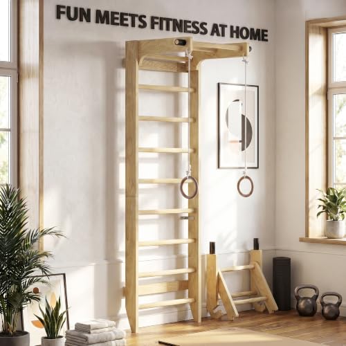 Swedish Ladder Wall Bar with Adjustable Pull-Up Bar | Solid Wood Construction, 10 Pine Rungs, All Ages, for Home, School, Gymnastics Training