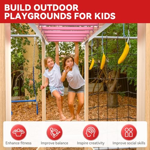 16.5 Inch Monkey Bars Kit Monkey Bar Ladder Rungs (Pink, 12 Pcs) | Indoor Outdoor Metal Monkey Bars for Backyard - color: Pink