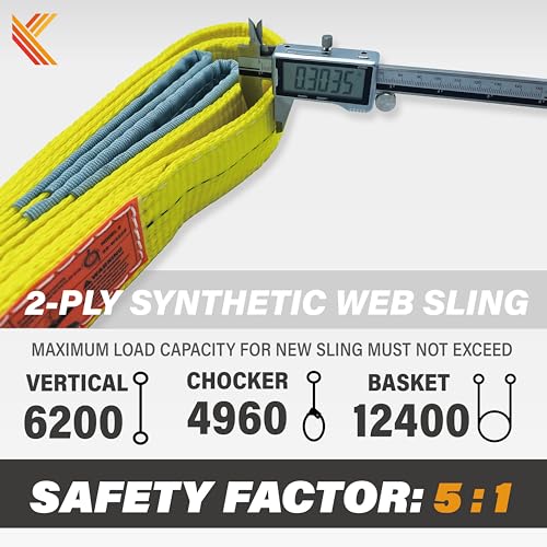 2-Ply Lifting Sling Straps 2”x 12ft - 6200lbs Vertical Capacity Heavy Duty Flat Eye Lift Sling, for Rigging Moving Towing Hoisting -2Pack - Kodiak Straps - color: 2 PACK, size: 2inch x 12ft