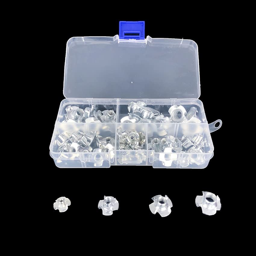 90PCS/Set T-Nuts Four Pronged T Nut M3 M4 M5 M6 M8 for Wood, Rock Climbing Holds, Cabinetry, with Storage Box, Zinc Plated Steel