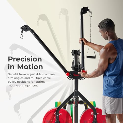 Sunny Health & Fitness All-in-One Pulley Cable Home Gym Strength Trainer | Resistance Band Holder, Foot Plate, Adjustable Angles, Olympic Plate Ready, Bi-Directional Cables, Full Range Motion