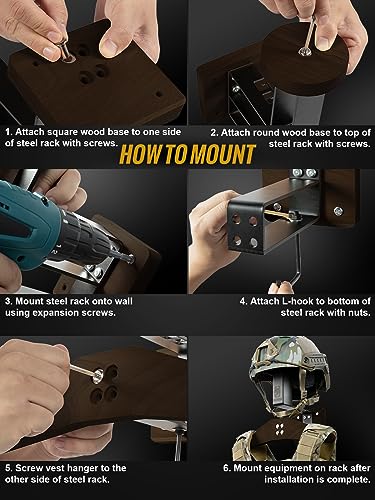 OneTigris Motorcycle Helmet Holder Wall Mount, Tactical Gear Holder with Helmet Stand and Plate Carrier Hanger, Solid Wood Wall Rack Organizer & Display for Police, Football, Cycling Gear - color: Sapele