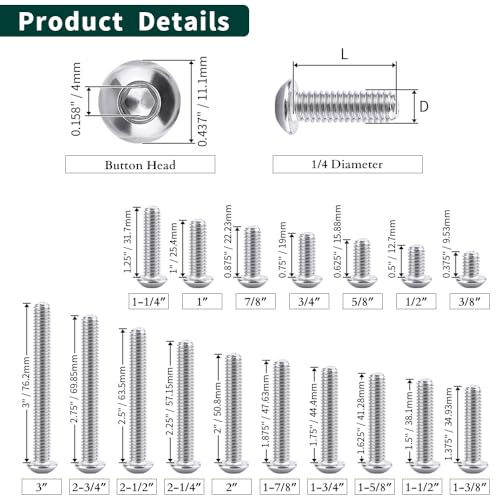 1/4-20 x 1-5/8" Button Head Socket Cap Bolts Screws, 304 Stainless Steel 18-8, Allen Hex Drive, Bright Finish, Fully Machine Thread, Pack of 25 - size: 1/4-20 x 1-5/8