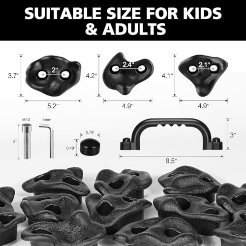 18PCS Climbing Holds for Kids,Large Climbing Holds for Play Set, Rock Wall Climbing Kit with Hardware for Indoor and Outdoor Climbing, Swingset - Adult Rock Wall Holds with Mounting Hardware (Black) - style: 24pcs Climbing Holds & 4 Handles