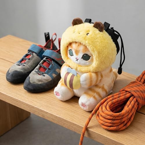 Cat Rock Climbing Chalk Bag, Fun Plush Animal Chalk Pouch with Drawstring, Adjustable Waist Belt for Indoor Outdoor Bouldering Sport Climbing - style: Large Bee Cat