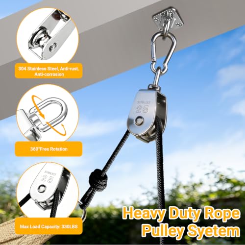 M25 Stainless Steel Pulley System Kit,Pulley Block with Nylon Rope | 2 Pack M25 Heavy Duty Pulleys Wheel with Rope Cleat, Eye Pad Plate and Hooks for Sun Shade Sail, Clothesline | 2 Pack M25 Heavy Duty Pulleys Wheel with Rope Cleat, Eye Pad Plate and Hook