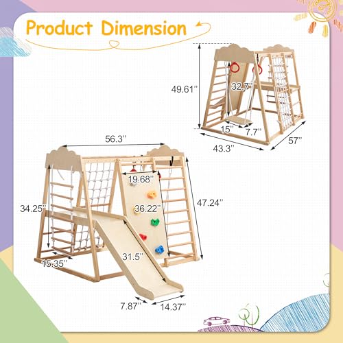 8-in-1 Wooden Indoor Jungle Gym for Toddlers, Montessori Climbing Playset with Slide, Swing, Climbing Net, Rings, Monkey Bars – Indoor Playground for Kids Ages 3-8 - size: 8-in-1