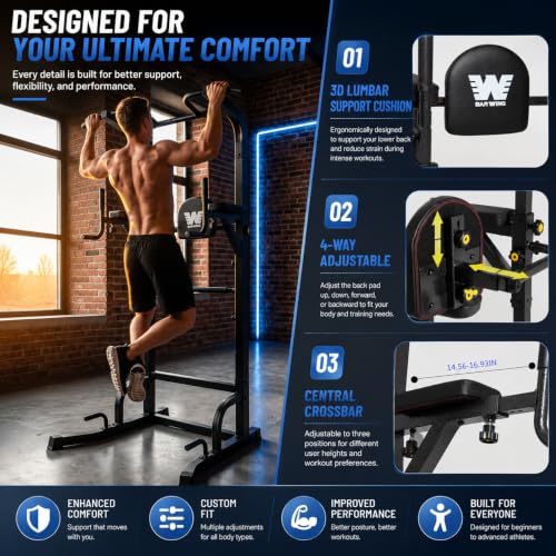 BARWING Pull Up Bar Station, Power Tower, Dip Station with 3D Backrest, Multi-Function Strength Training Stand Rack, Adjustable Height Dip Bar for Home Gym Workout Stand Fitness Exercise Equipment - color: P007C-B