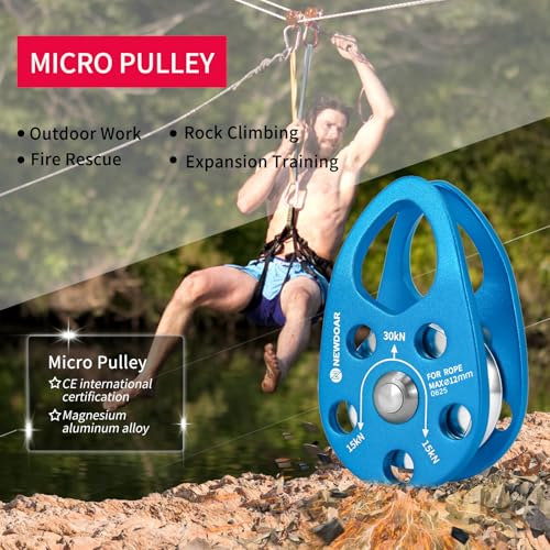 NewDoar Micro Mobile Pulley 30KN/6746lb Mobile Single Pulley Cheek Shaped for Max Rope 12mm Rope for Climbing, Rescue Lifting,Hitch Tending (Blue-Pack of 2) - color: Blue-Pack of 2