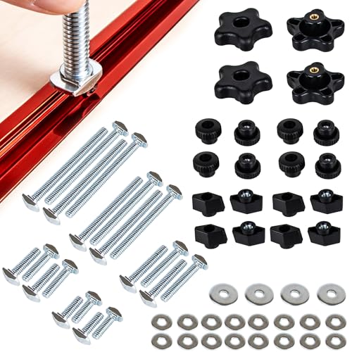 O'SKOOL T Track Bolts Drop-in Hardware Kit 60PCS, 1/4"-20 Thread T-Slot Bolts with Knobs and Washers, T Track Accessories for Woodworking Jigs and Fixtures, HWR007 - style: Drop-In Hardware Kit, Set of 60