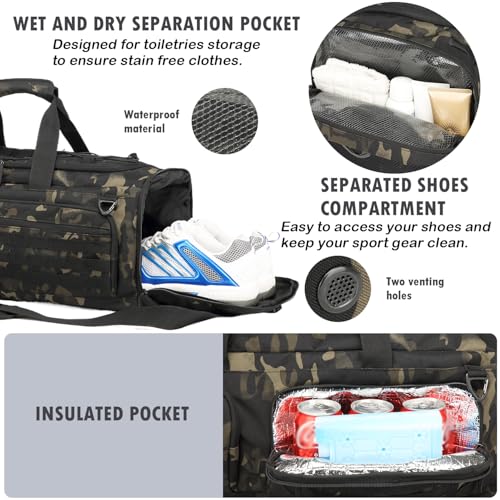 50L Tactical Gym Bag for Men and Women with Shoe & Laptop Compartment | Extra Large Duffle Bag, 3-in-1 Travel Sports Duffel Bags MOLLE Weekender Overnight Bag for Gym, Travel, Black CM - color: Black CM