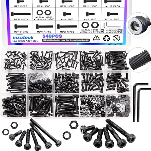 mxuteuk 540PCS M2 M3 Metric Screws Assortment Set Suitable for 3D Printer DIY,Hex Socket Head Cap Screws Bolts Nuts Kit,12.9 Grade Alloy Steel Black Zinc Plated Assorted Screws with Hex Wrench - size: 540PCS M2 M3, style: Hex Socket Head