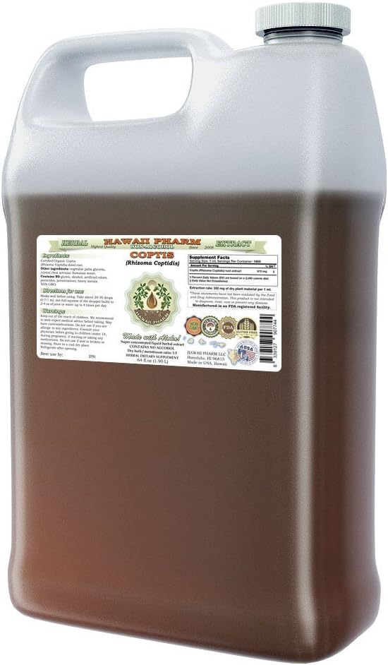 Coptis Alcohol-Free Liquid Extract, Coptis (Rhizoma Coptidis) Dried Root Glycerite Hawaii Pharm Natural Herbal Supplement 64 oz