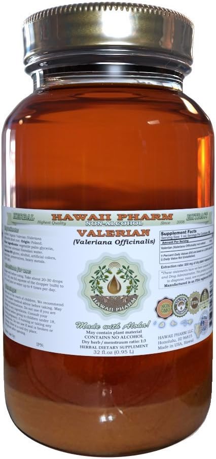 Valerian Alcohol-Free Liquid Extract, Organic Valerian (Valeriana Officinalis) Dried Root Glycerite Natural Herbal Supplement, Hawaii Pharm, USA 32 fl.oz