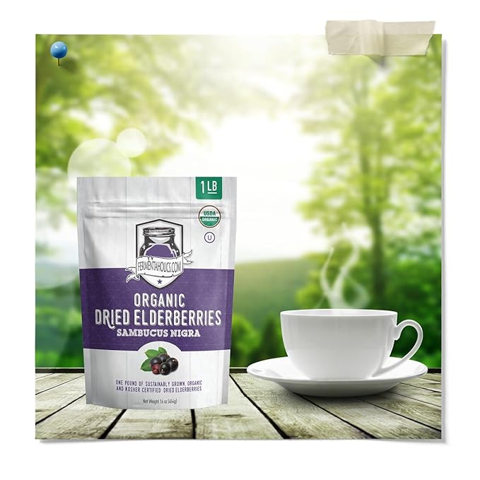 Fermentaholics | USDA Organic Dried Elderberries - 1 LB | All Natural Free of Chemicals | for Syrup, Gummies, Kombucha, Tea, and Wine | Sambucus Nigra | Elderberry Syrup Instructions Included