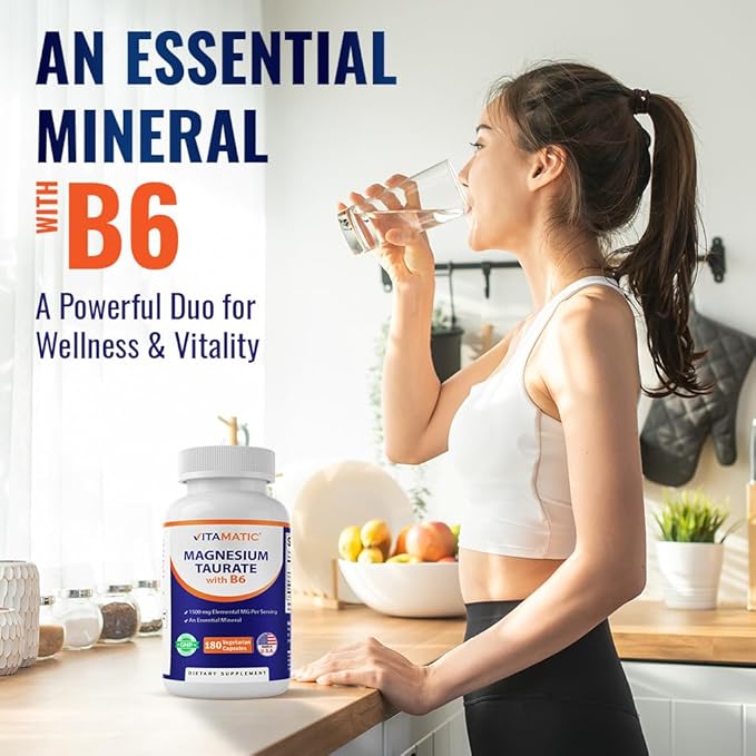 Vitamatic Magnesium Taurate 1500mg per Serving - 180 Vegetarian Capsules (Provides 300 mg of Elemental Magnesium) - Added B6 for Maximum Absorption - Supports Muscle, Joint, and Heart Health*