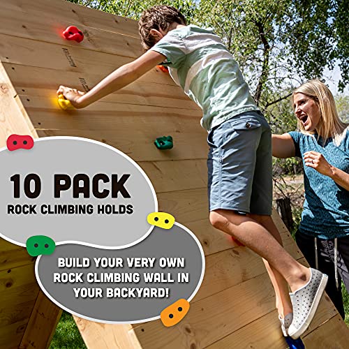 Squirrel Products Rock Climbing Holds for Kids, Deluxe Extra Large Climbing Rocks with Mounting Hardware - DIY Rock Wall Indoor & Outdoor Playground Accessories Wall Climbing Kit - Ages 3+ - style: 10 Pack with Patented Safety Plugs