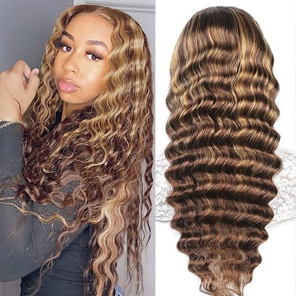 Nktu 4/27 Deep Wave Lace Front Wigs Human Hair Honey Blonde Highlight Ombre Wigs Human Hair For Women 13X4 Hd Transparent Lace F