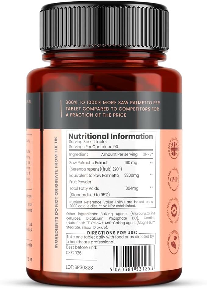 pureclinica High Potency Saw Palmetto x 90 Tablets - 160mg of 20:1 Saw Palmetto Extract per Tablet - Equivalent to 3200mg - 3 Months Supply - 95% Fatty Acids
