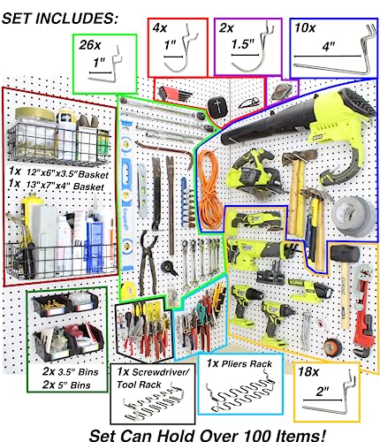 Peg Board Hooks for Hanging Tools with Bins and Baskets – Tool Organization Accessories Kit – Organizer Set of 1 inch, 2 inch, 4 inch L Hooks, J Hook, Pliers Rack, Screwdriver Holder - size: Set w/ Baskets+Bins