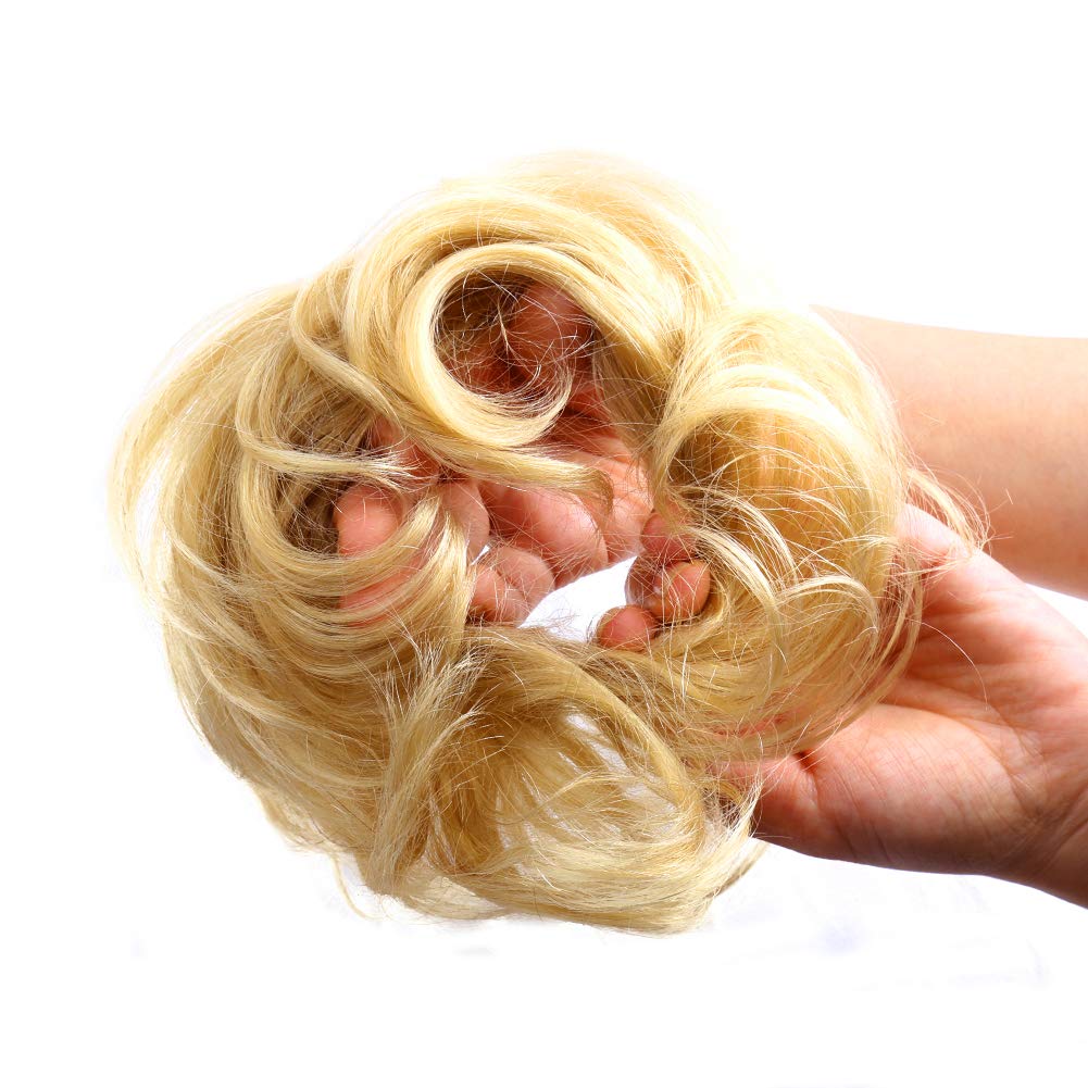 Bella Hair Instant Messy Bun Extension, Real Human Hair Scrunchies For Women Wavy Curly Up-Do Chignon Hairpiece (#613 Blonde/Bab