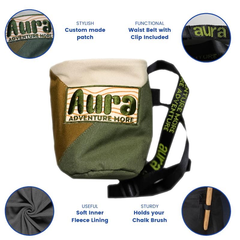 Aura Rock Climbing Chalk Bag – Bouldering Chalk Bag with Fleece Liner, Drawstring Closure & Brush Holder – Adjustable Belt Included – Gym, Weightlifting, Crossfit & Gymnastics