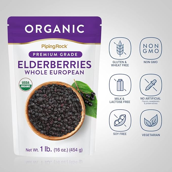 Piping Rock Elderberries Dried Organic | 1lb Bulk Supplement | European Whole Berries | Vegetarian, Non-GMO, Gluten Free