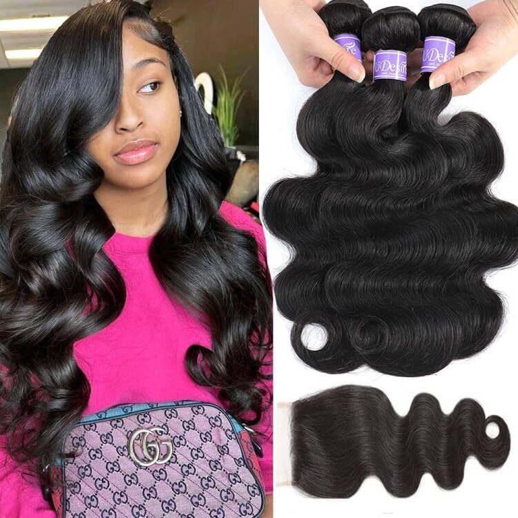 Udesire Hair 12A Brazilian Body Wave 100% Unprocessed Human Hair 3 Bundles With Closure(18 20 22+18 Free Part Natural Black) Bod